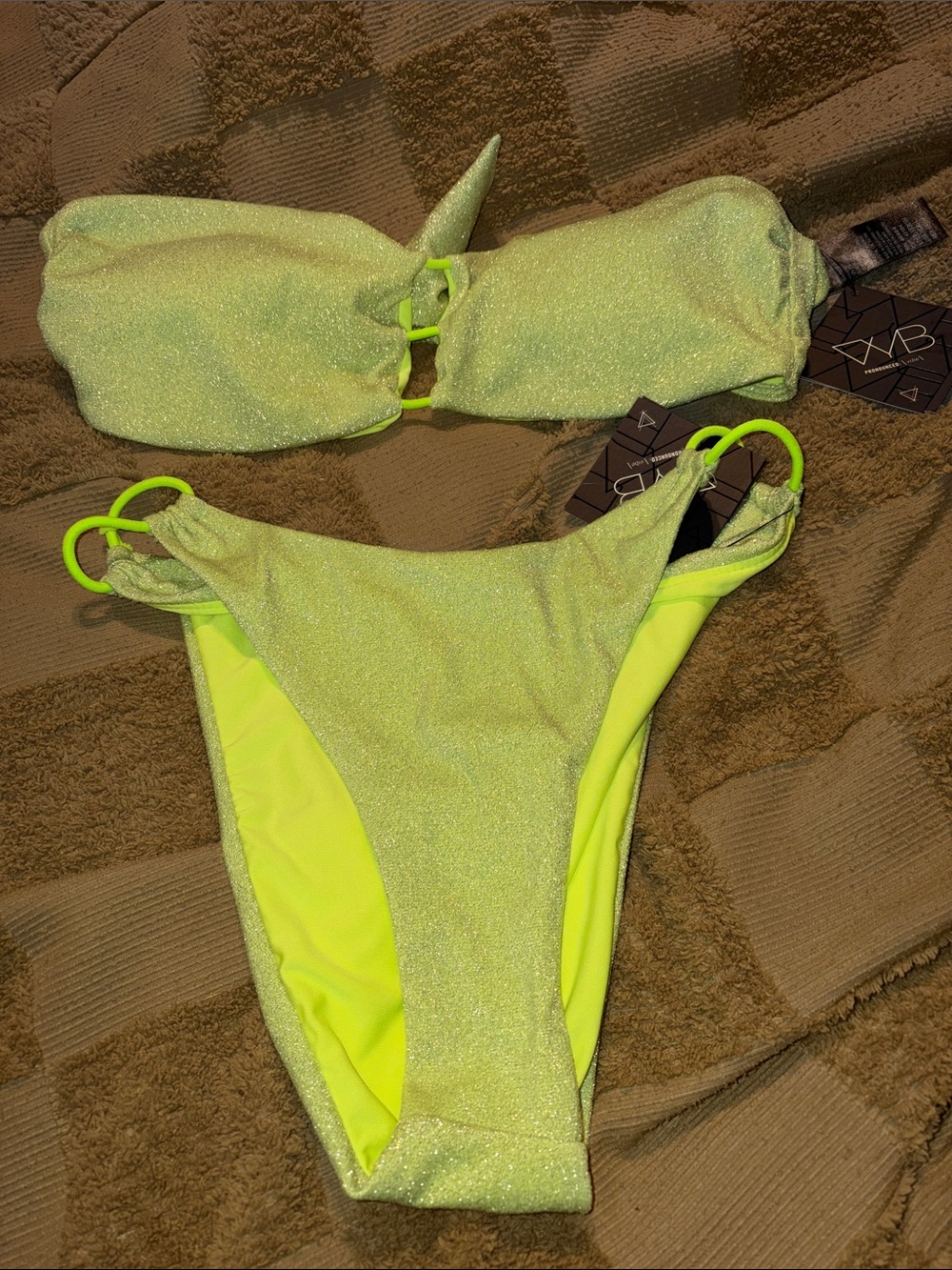 NWT. Neon Lime Shimmer Bikini Set - Picture 2 of 5